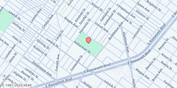 Map showing Max Myers Recreation center at 1601 Hellerman St., Philadelphia, PA