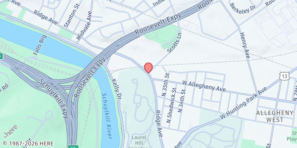 Map showing McDevitt Recreation Ctr at 3501 Scotts Lane, Philadelphia, PA