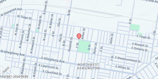 Map showing McVeigh Recreation Center at 400 E. Ontario St., Philadelphia, PA