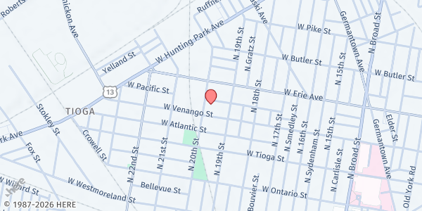 Map showing Mercy Neighborhood Ministries - Tioga Distribution Site at 1939 W. Venango St, Philadelphia, PA