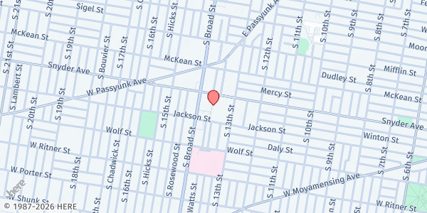 Map showing Mighty Writers at South Philadelphia High School at 2101 S Broad St., Philadelphia, PA