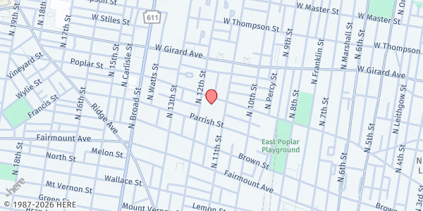 Map showing Mighty Writers John Street Community Center at 1100 Poplar St., Philadelphia, PA
