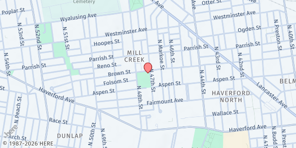 Map showing Millcreek Playground at 4700 Brown St., Philadelphia, PA