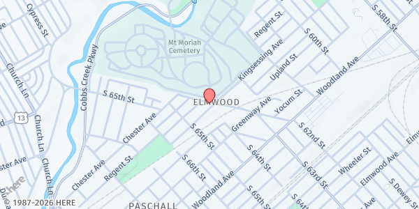 Map showing New Disciples Ministries at 6301 Kingsessing Ave., Philadelphia, PA