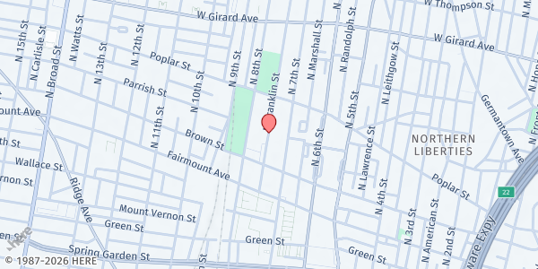 Map showing Northern Living Center at 827 N Franklin St., Philadelphia, PA