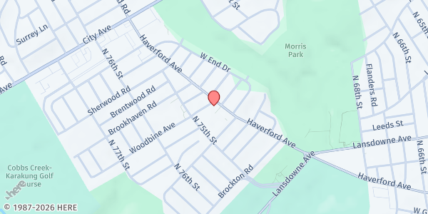 Map showing Overbrook Park-Free Library of Philadelphia at 7422 Haverford Ave., Philadelphia, PA