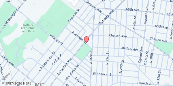 Map showing Peace on the Water Ministries - Main Location at 1200 E. Chelten Ave., Philadelphia, PA
