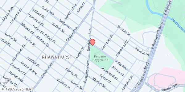 Map showing Pelbano/ Rhawnhurst Recreation Center at 2138 Solly Ave., Philadelphia, PA