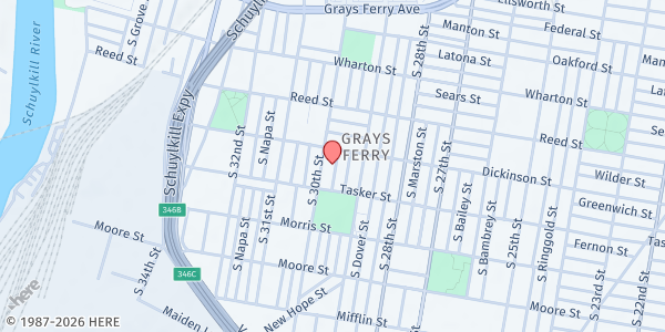 Map showing Playstreet 1500 S. Myrtlewood St. at 1524 S. Myrtlewood St., Philadelphia, PA