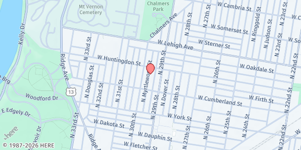 Map showing Playstreet 2500 N. Myrtlewood St. at 2541 N. Myrtlewood St., Philadelphia, PA
