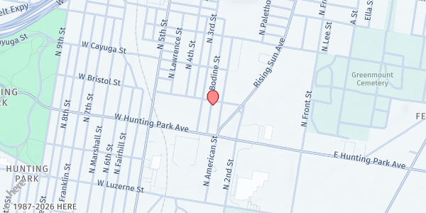 Map showing Playstreet 4200 Bodine St at 4261 N. Bodine St, Philadelphia, PA