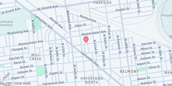 Map showing Playstreet 4200 Ogden St. at 4233 Ogden St., Philadelphia, PA