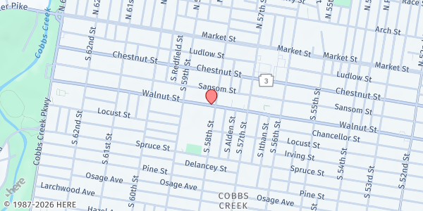 Map showing RCCG Living Spring Miracle Center at 5801 Walnut St., Philadelphia, PA