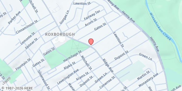 Map showing Roxborough Christian School at 6301 Ridge Ave, Philadelphia, PA