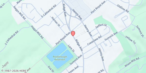 Map showing Roxborough Church at 8232 Ridge Ave, Philadelphia, PA