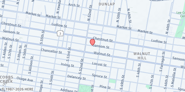 Map showing Sansom Street Distribution Site at 5100 block area on Sansom Street, Philadelphia, PA