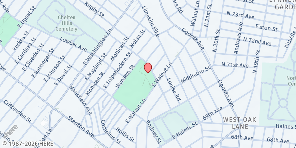 Map showing Simons Recreation Center at 7200 Woolston Ave., Philadelphia, PA