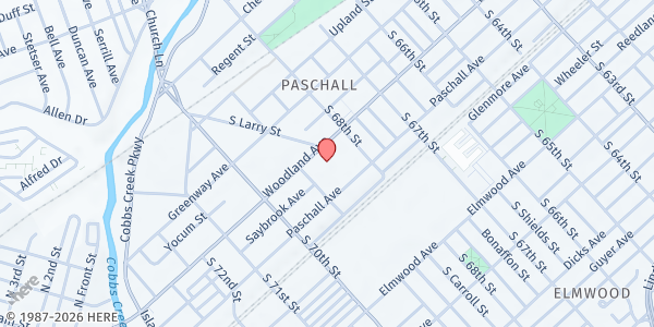 Map showing St. James Episcopal Church at 6838 Woodland Ave, Philadelphia, PA