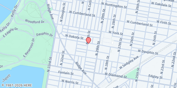 Map showing Strawberry Mansion Learning Center at 2946 W Dauphin St, Philadelphia, PA