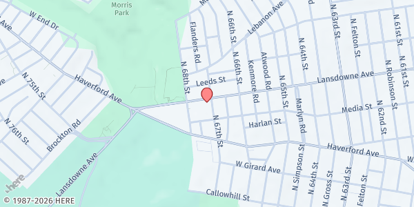 Map showing TCRC Community Healing Center at First Afrikan Baptist Church at 6700 Lansdowne Ave, Philadelphia, PA