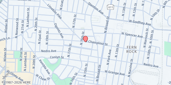 Map showing Temple Shalom at 1524 West Champlost Avenue, Philadelphia, PA
