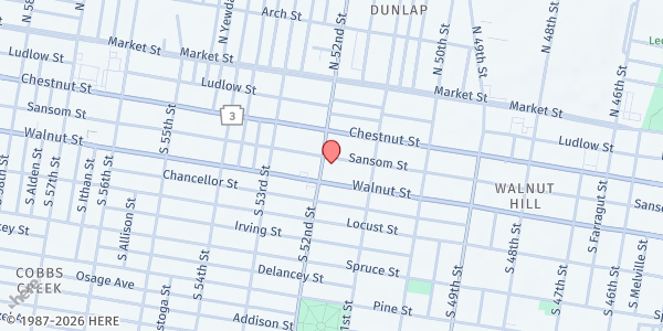 Map showing The People's Fridge - University City at 129 S 52nd St, Philadelphia, PA