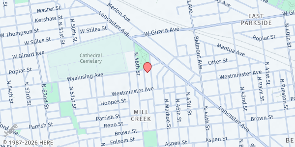 Map showing United Ummah of Philly at 4700 Wyalusing Ave., Philadelphia, PA