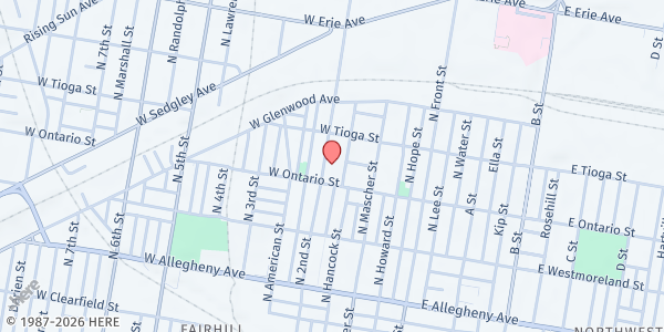 Map showing Victory Outreach Christian Ministry Food Pantry - E Westmoreland St at 735 E Westmoreland St, Philadelphia, PA