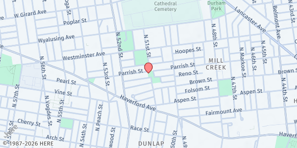 Map showing West Mill Creek Recreation Center at 5100 Parrish St., Philadelphia, PA