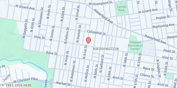 Map showing Zion Pentecostal Community Church at 6055 Vine Street, Philadelphia, PA