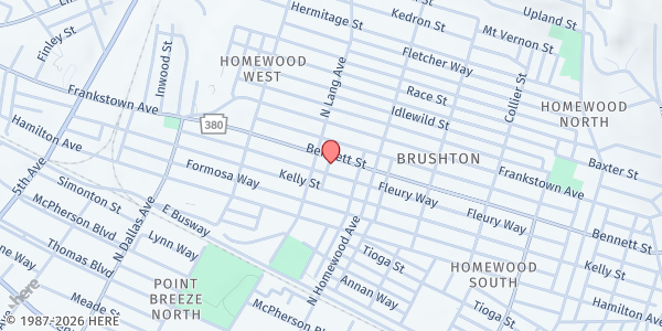 Map showing Homewood Brushton YMCA Food Pantry at 7140 Bennett St., Pittsburgh, PA