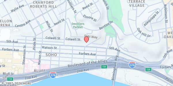 Map showing Jubilee Association, Inc. Soup Kitchen at 2005 Wyandotte St., Pittsburgh, PA