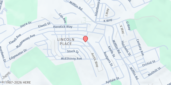 Map showing Lincoln Place Church of the Nazarene at 1202 Muldowney Ave., Pittsburgh, PA
