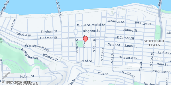 Map showing Mary, Queen of Peace Parish at 81 S. 13th St., Pittsburgh, PA