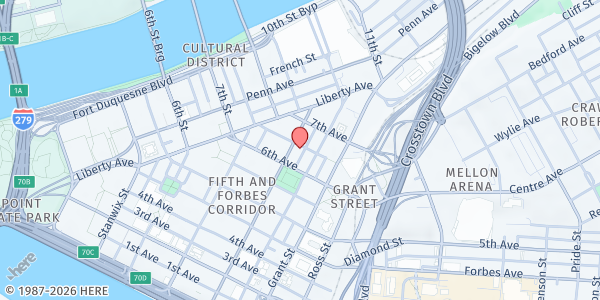 Map showing Smithfield United Church of Christ at 620 Smithfield St., Pittsburgh, PA