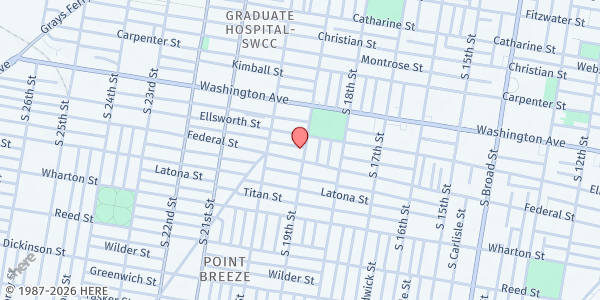 Map showing Bryant Baptist Church at 1140 South 19th Street, Point Breeze, PA