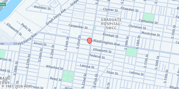 Map showing Mama-Tee.com Community Fridge- Porcos at 2204 Washington Avenue, Point Breeze, PA