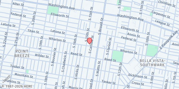 Map showing Mount Hebron Baptist Church at 1417 Wharton Street, Point Breeze, PA