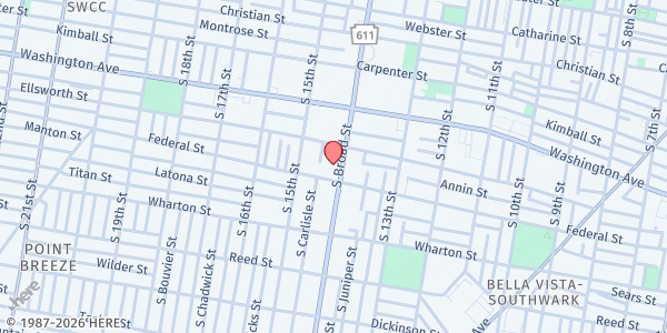 Map showing National Shrine of Saint Rita of Cascia at 1166 South Broad Street, Point Breeze, PA