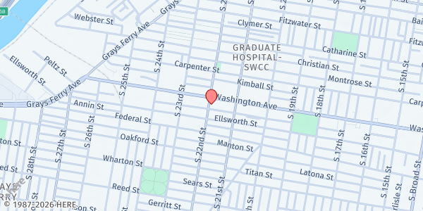 Map showing South Philadelphia Community Fridge @ Porcos at 1101 South 22nd Street, Point Breeze, PA