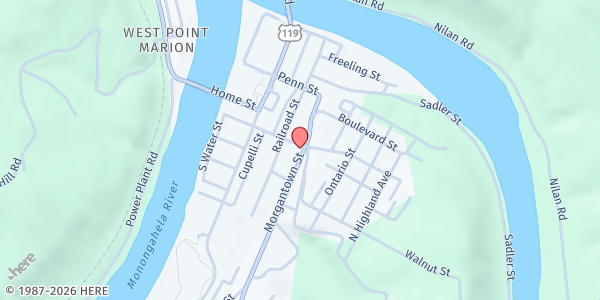 Map showing Point Marion UMC at 502 Morgantown St., Point Marion, PA