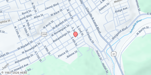 Map showing JW Cooper Community Center at 315 Howard Avenue, Pottsville, PA