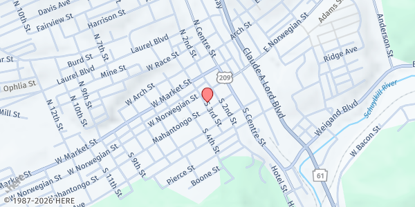 Map showing United Presbyterian Church at 214 Mahantongo Street, Pottsville, PA