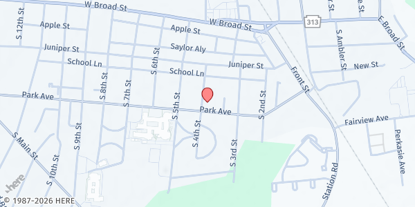 Map showing First United Church of Christ at 151 South 4th Street, Quakertown, PA