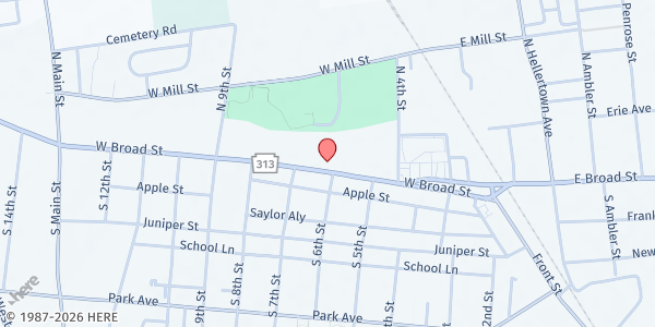 Map showing St. Isidore's Roman Catholic Church Food Pantry - Old Parish Office at 603 West Broad Street, Quakertown, PA