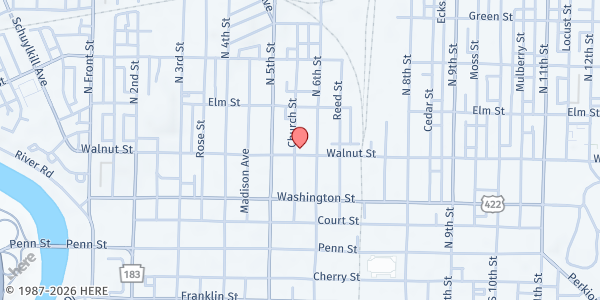 Map showing St. John's Lutheran Church - Renewed Spirit at St. John's Lutheran Church, 521 Walnut St, Reading, PA