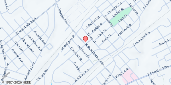 Map showing Ridley Park United Methodist Church (RPUMC) at 501 North Swarthmore Avenue, Ridley Park, PA
