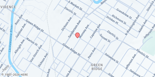 Map showing Asbury United Methodist Church at 720 Delaware St, Scranton, PA