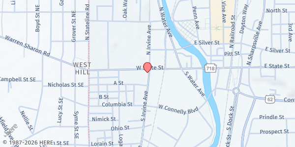 Map showing First Baptist Church at 301 W State St, Sharon, PA
