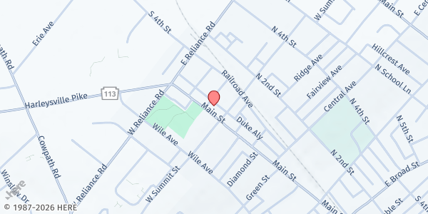 Map showing Fresh For All – Grace Bible Church (parking lot) at 423 North Main Street, Souderton, PA